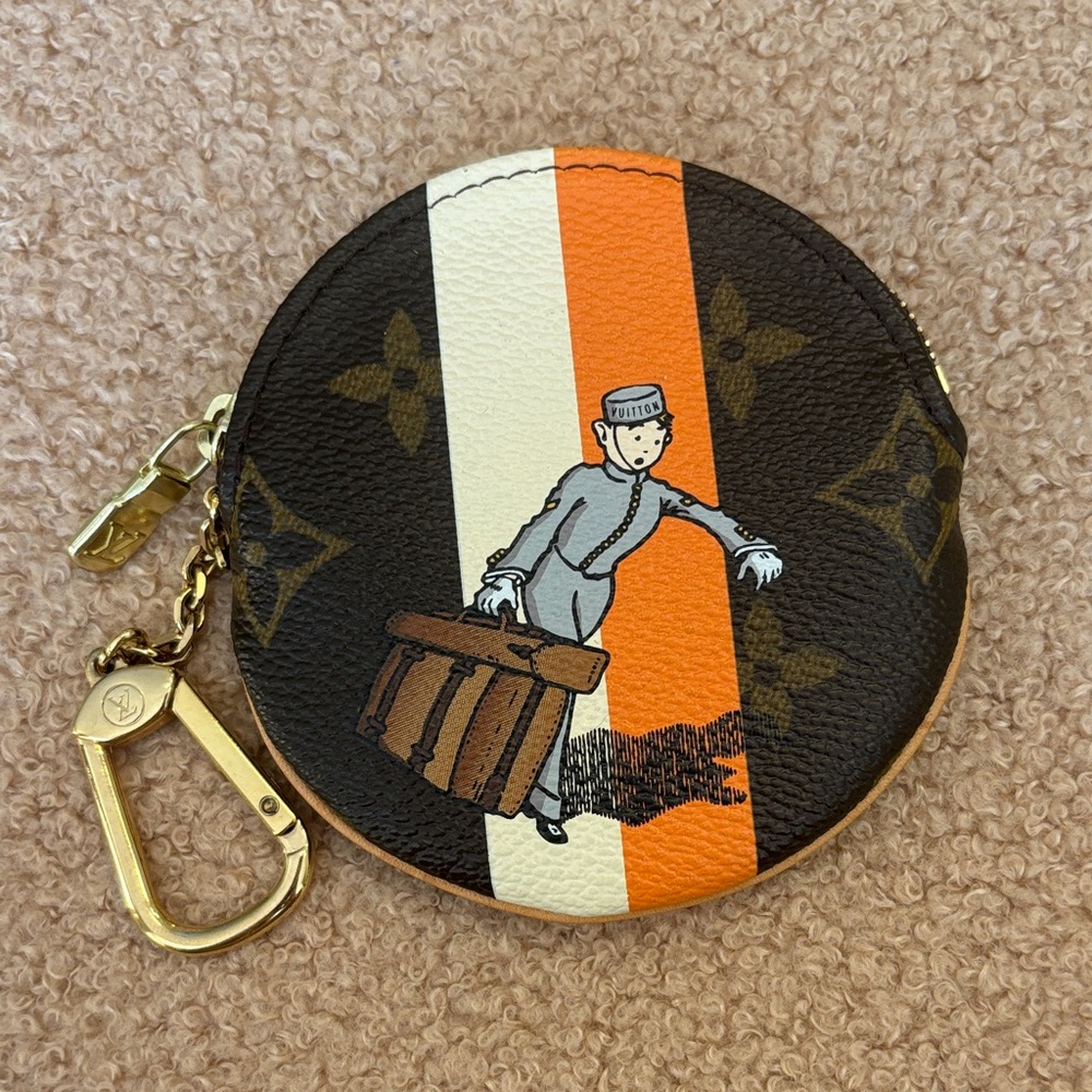 Louis Vuitton Groom Monogram Round Coin Pouch with Orange & Cream Stripes
